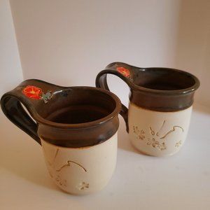 Impressed Pair Set of 2 Stoneware Handcrafted Signed Cups Mugs Imprinted Designs